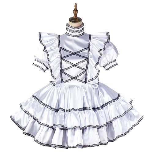 Fondcosplay White Satin Lockable Sissy Maid Dress with Black Lace Trim [G2175]