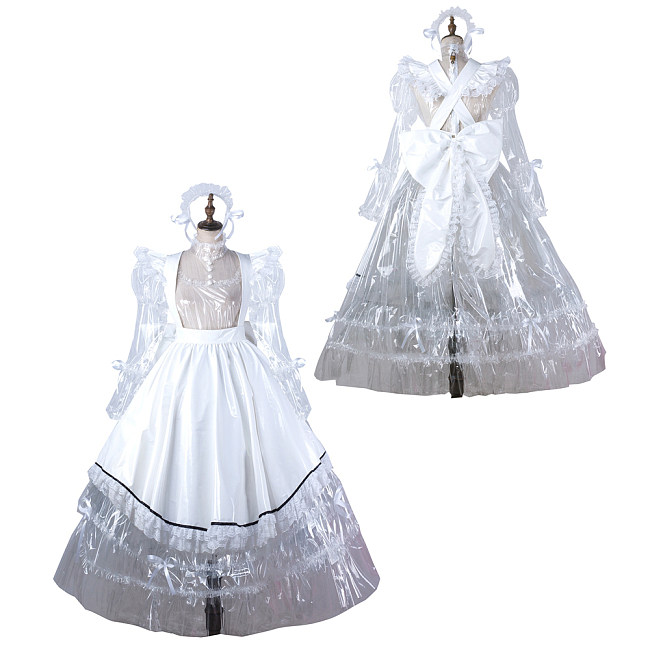 fondcosplay Lockable Clear PVC Long Sissy Maid Crossdressing Dress with White Apron and Headpiece [G2205]