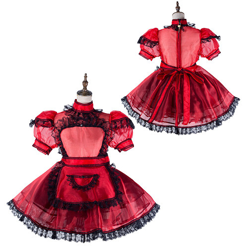 Fondcosplay Red & Black Organza Lockable Sheer Sissy Maid Dress [G2177]