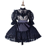 Fondcosplay Lockable Black Lace Sissy Maid Crossdressing Dress with Satin Apron [G2163]