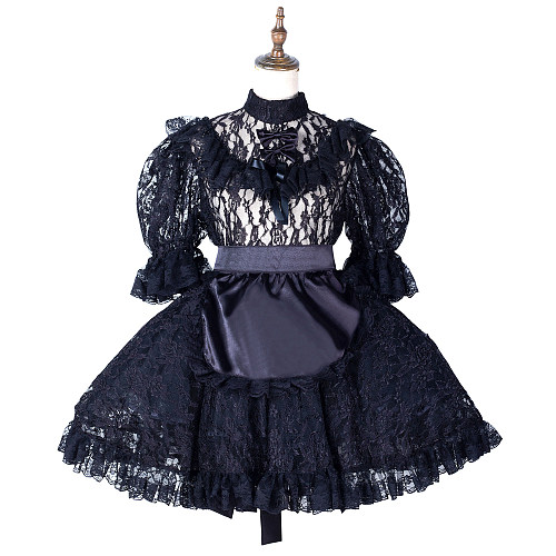 Fondcosplay Lockable Black Lace Sissy Maid Crossdressing Dress with Satin Apron [G2163]
