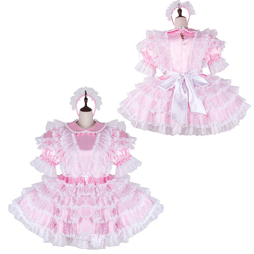 Fondcosplay Lockable Sissy Maid Pink Satin and Lace Frilly French Maid Dress Costume [G2271]