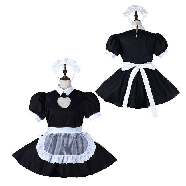 fondcosplay Lockable Black White Cotton Sissy Maid Dress Heart Cutout Crossdressing Cosplay Costume [G2277]