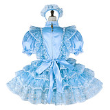 Fondcosplay Lockable Sissy Maid Crossdressing Blue Satin French Maid Dress Costume with Lace Apron [G2269]
