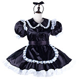 fondcosplay Lockable Satin Black Sissy Maid Crossdressing Dress with White Lace Apron and Headpiece [G2218]