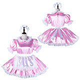 fondcosplay Lockable Satin Pink Sissy Maid Crossdressing Dress with White Lace Apron and Headpiece [G2220]
