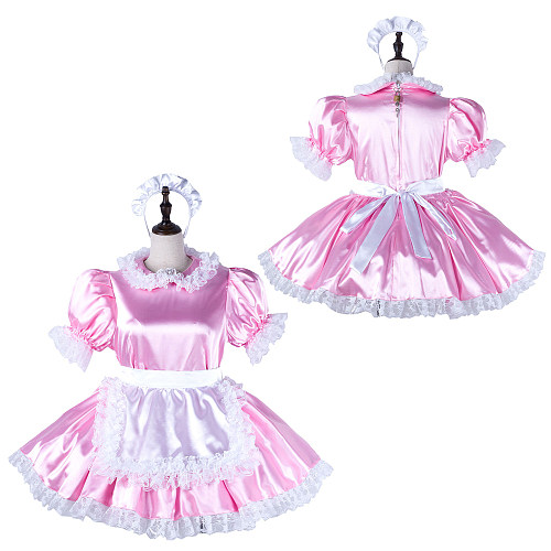 fondcosplay Lockable Satin Pink Sissy Maid Crossdressing Dress with White Lace Apron and Headpiece [G2220]