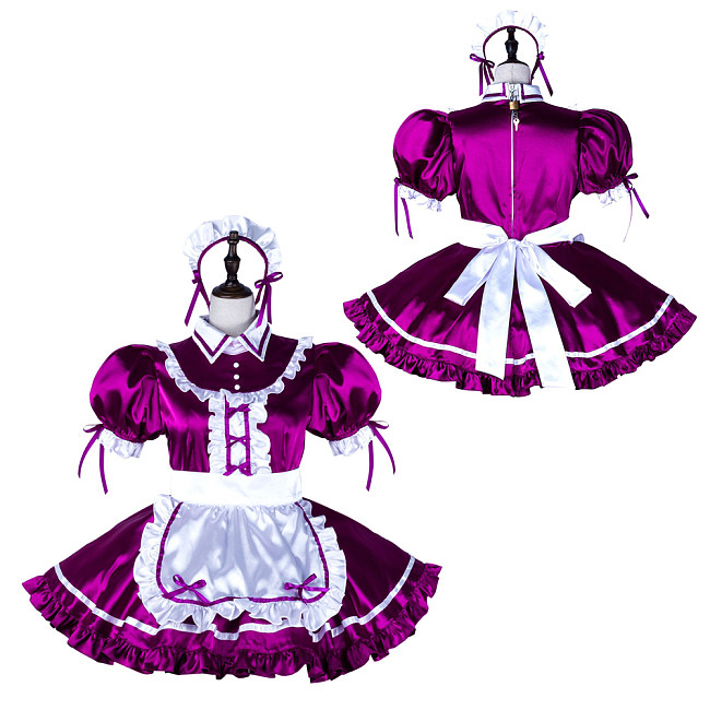 Fondcosplay Lockable Sissy Maid Crossdressing Purple Satin French Maid Dress Costume with Apron [G2251]