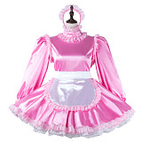 Fondcosplay Lockable Sissy Maid Pink Satin Long Sleeve French Maid Dress Costume [G2272]