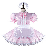 fondcosplay Lockable Pink White Satin Sissy Maid Dress Bow Crossdressing Cosplay Costume [G2279]
