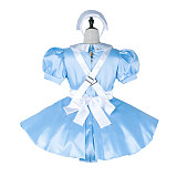 Fondcosplay Lockable Sissy Maid Crossdressing Light Blue Satin Nurse Style Maid Dress Costume with Apron [G2253]