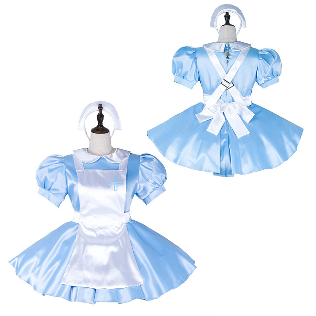 Fondcosplay Lockable Sissy Maid Crossdressing Light Blue Satin Nurse Style Maid Dress Costume with Apron [G2253]