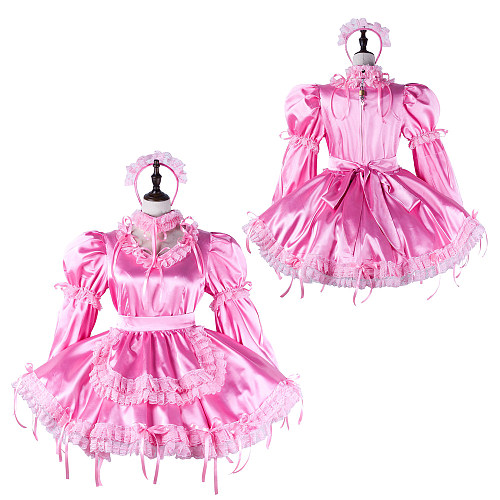 fondcosplay Lockable Satin Pink Sissy Maid Crossdressing Dress with Lace Apron and Headpiece [G2215]