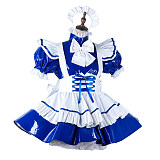 fondcosplay Lockable Heavy PVC Blue and White Sissy Maid Crossdressing Dress with Apron and Headpiece [G2209]