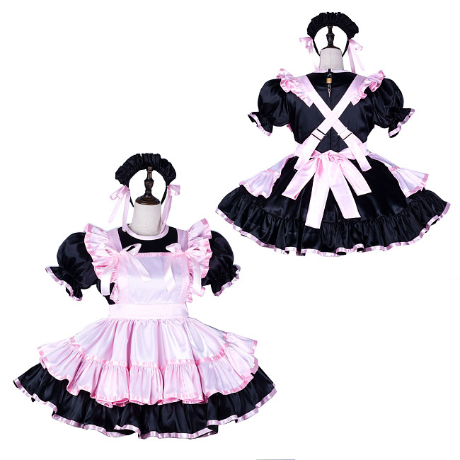 Fondcosplay Lockable Sissy Maid Crossdressing Black Satin French Maid Dress Costume with Pink Apron [G2250]