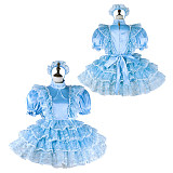 Fondcosplay Lockable Sissy Maid Crossdressing Blue Satin French Maid Dress Costume with Lace Apron [G2269]