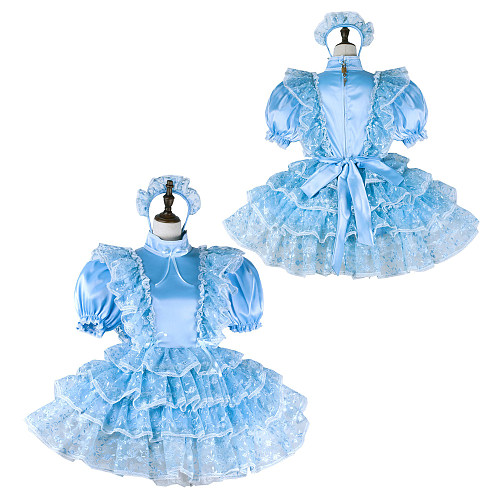 Fondcosplay Lockable Sissy Maid Crossdressing Blue Satin French Maid Dress Costume with Lace Apron [G2269]