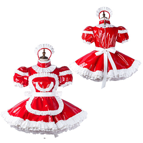 fondcosplay Lockable Heavy PVC Red and White Sissy Maid Crossdressing Dress with Apron and Headpiece [G2211]