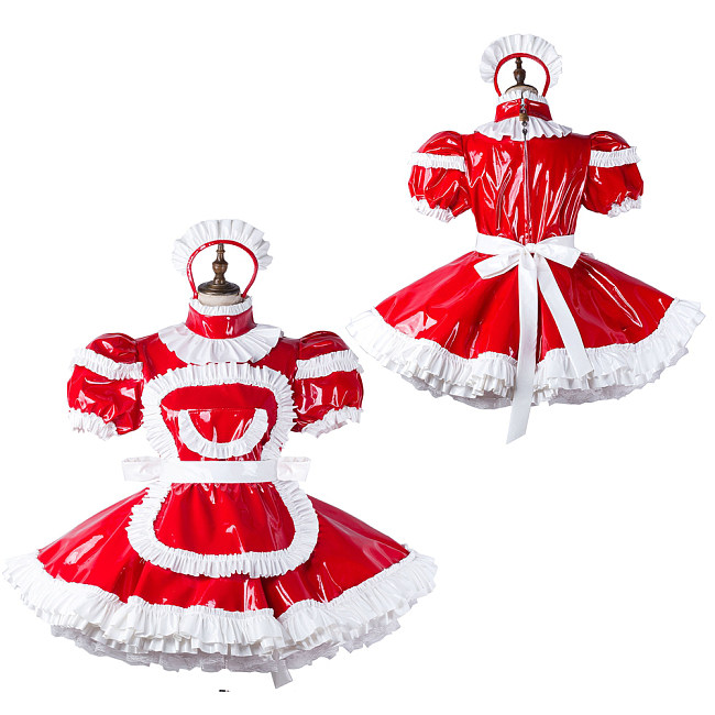 fondcosplay Lockable Heavy PVC Red and White Sissy Maid Crossdressing Dress with Apron and Headpiece [G2211]