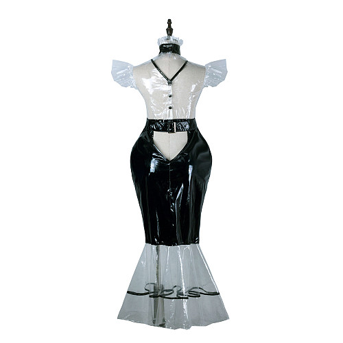 Fondcosplay Lockable Sissy Maid Crossdressing Black Clear PVC Mermaid Style Dress Costume [G2247]