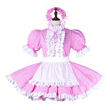 Fondcosplay Lockable Sissy Maid Crossdressing Pink Gingham Cotton French Maid Dress Costume with Apron [G2258]