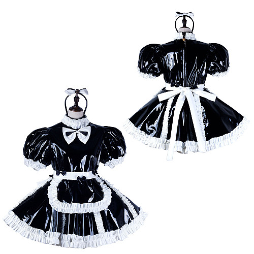 Fondcosplay Lockable Sissy Maid Crossdressing Black Heavy PVC French Maid Dress Costume with Apron [G2232]