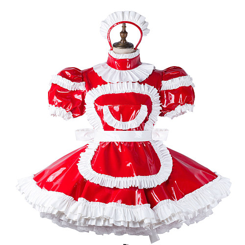 fondcosplay Lockable Heavy PVC Red and White Sissy Maid Crossdressing Dress with Apron and Headpiece [G2211]