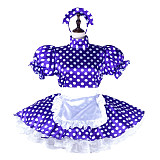 Fondcosplay Lockable Sissy Maid Crossdressing Purple Satin Polka Dot French Maid Dress Costume with Apron [G2264]