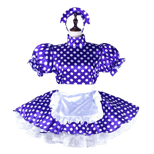Fondcosplay Lockable Sissy Maid Crossdressing Purple Satin Polka Dot French Maid Dress Costume with Apron [G2264]
