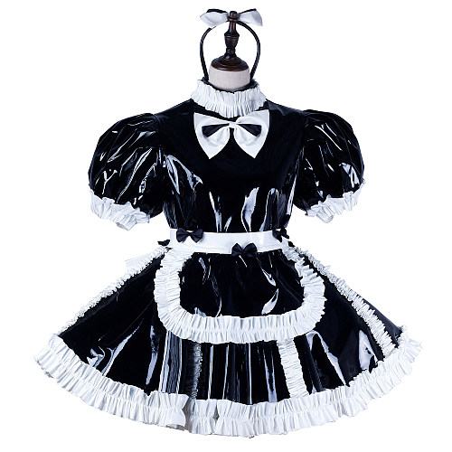 Fondcosplay Lockable Sissy Maid Crossdressing Black Heavy PVC French Maid Dress Costume with Apron [G2232]
