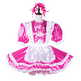 Fondcosplay Lockable Sissy Maid Crossdressing Hot Pink Satin Polka Dot French Maid Dress Costume with Apron [G2227]