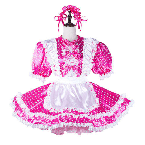 Fondcosplay Lockable Sissy Maid Crossdressing Hot Pink Satin Polka Dot French Maid Dress Costume with Apron [G2227]