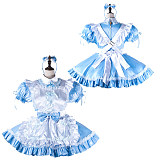 fondcosplay Lockable Satin Blue Sissy Maid Crossdressing Dress with White Apron and Headpiece [G2221]
