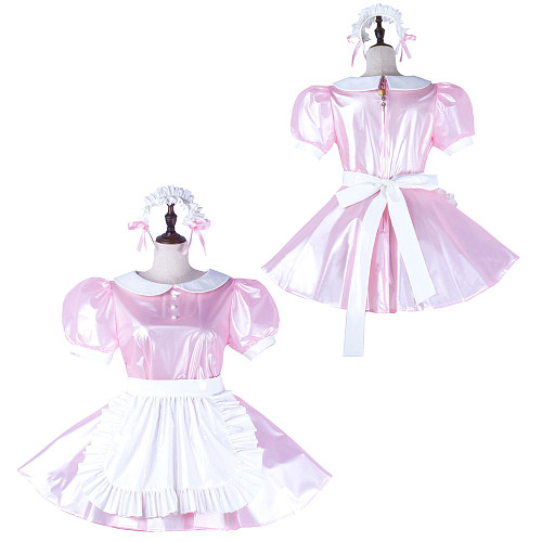 Fondcosplay Lockable Sissy Maid Crossdressing Pink Clear PVC French Maid Dress Costume with Apron [G2230]
