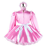 Fondcosplay Lockable Sissy Maid Pink Satin Long Sleeve French Maid Dress Costume [G2272]