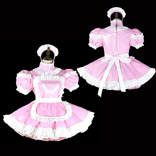 Fondcosplay Lockable Sissy Maid Crossdressing Pink Heavy PVC French Maid Dress Costume with Apron [G2242]