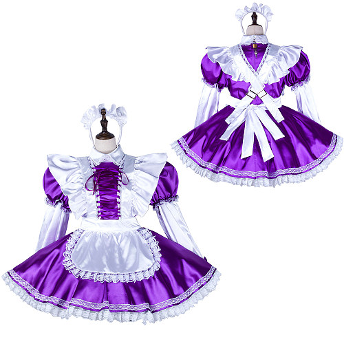 Fondcosplay Lockable Sissy Maid Crossdressing Purple Satin French Maid Dress Costume with Apron [G2252]