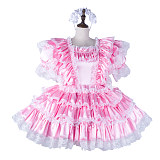 Fondcosplay Lockable Sissy Maid Crossdressing Pink Satin Frilly French Maid Dress Costume with Lace [G2263]