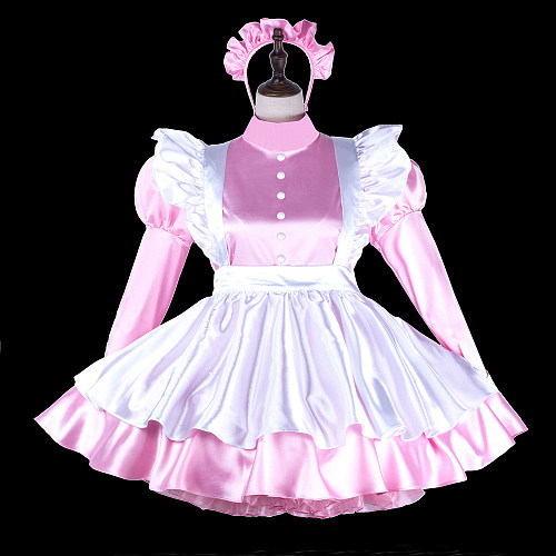 Fondcosplay Lockable Sissy Maid Crossdressing Pink Satin French Maid Dress Costume with Apron [G2244]