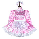 Fondcosplay Lockable Sissy Maid Crossdressing Pink Satin Polka Dot French Maid Dress Costume with Apron [G2265]
