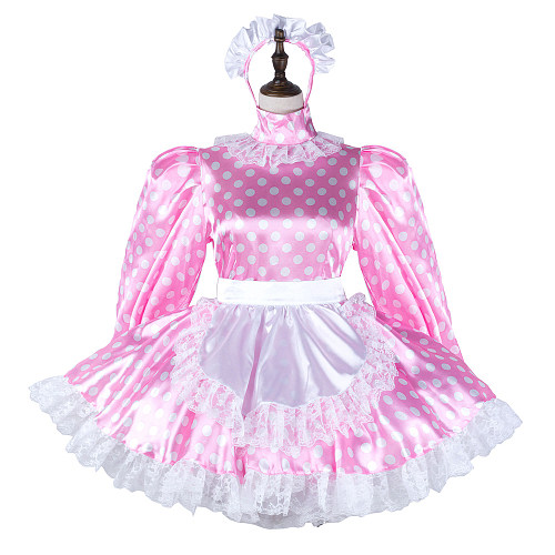 Fondcosplay Lockable Sissy Maid Crossdressing Pink Satin Polka Dot French Maid Dress Costume with Apron [G2265]