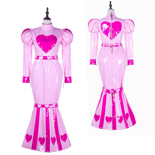Fondcosplay Lockable Sissy Crossdressing Pink Heavy PVC Mermaid Style Heart Print Dress Costume [G2255]