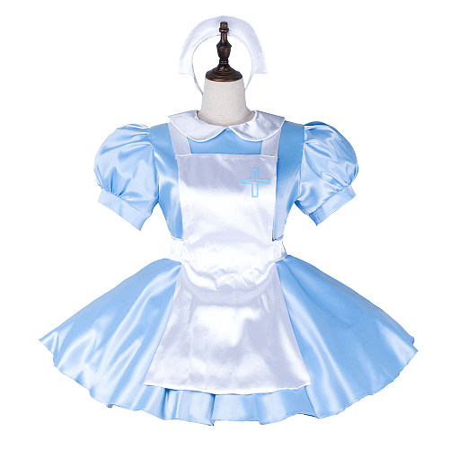 Fondcosplay Lockable Sissy Maid Crossdressing Light Blue Satin Nurse Style Maid Dress Costume with Apron [G2253]