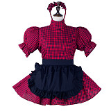 Fondcosplay Lockable Sissy Maid Crossdressing Red Black Checkered Cotton French Maid Dress Costume with Apron [G2233]