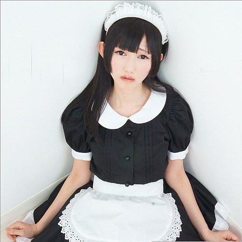 Fondcosplay Lockable Sissy Maid Crossdressing Black Cotton French Maid Dress Costume with Apron [G2226]