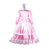 Fondcosplay Lockable Sissy Maid Crossdressing Pink Satin Long French Maid Dress Costume with Apron [G2254]