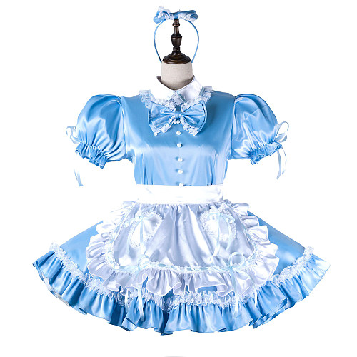 fondcosplay Lockable Satin Sky Blue Sissy Maid Crossdressing Dress with White Lace Apron and Bow Headpiece [G2219]