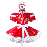 fondcosplay Lockable Heavy PVC Red and White Sissy Maid Crossdressing Dress with Apron and Headpiece [G2211]