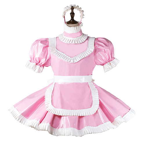 Fondcosplay Lockable Sissy Maid Crossdressing Pink Heavy PVC French Maid Dress Costume with Apron [G2261]