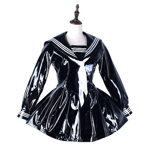 Fondcosplay Sissy Crossdressing Black Heavy PVC Sailor Style Dress School Uniform Costume [G2237]